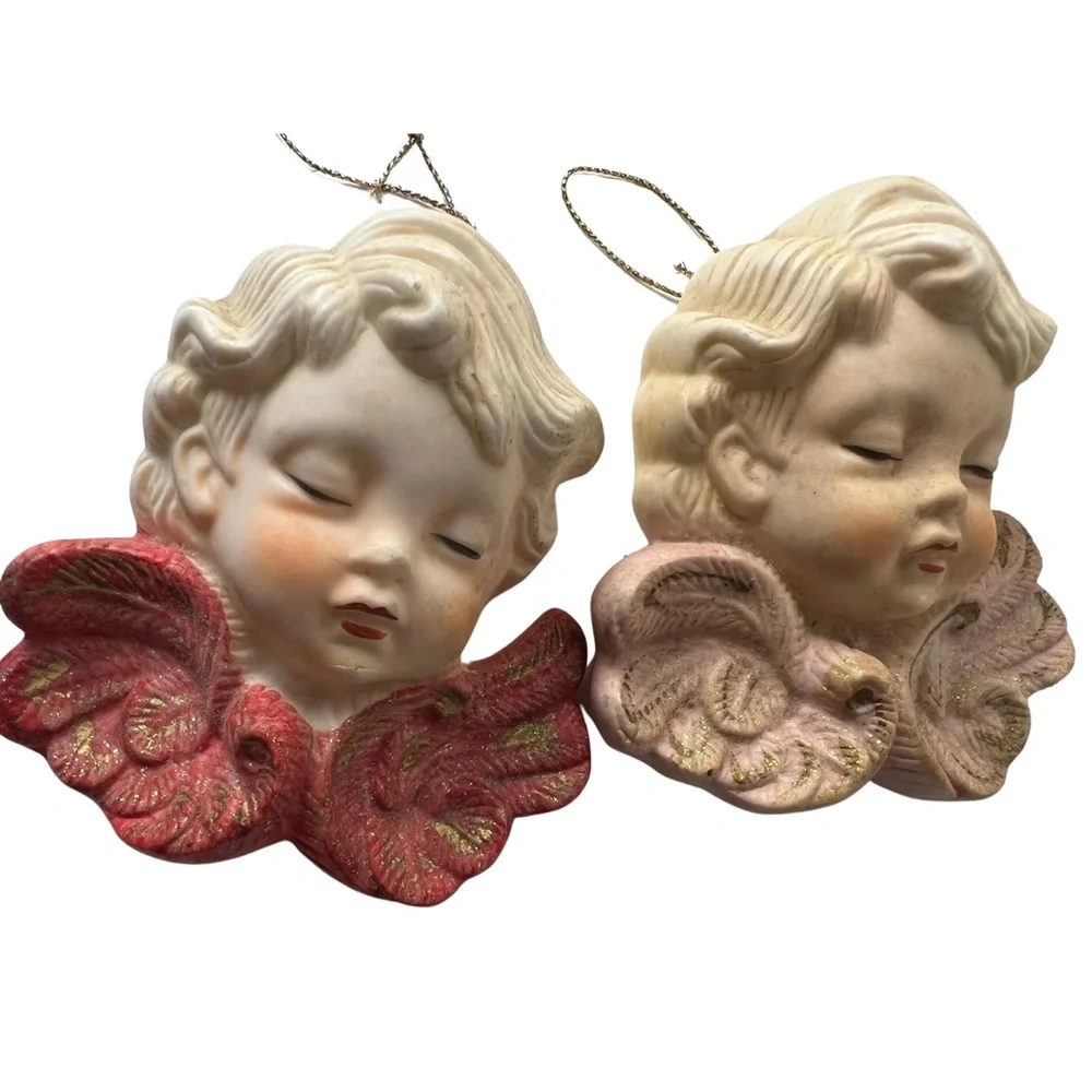 Two Vintage Christmas Cherub Angel Ornament Bisque Porcelain